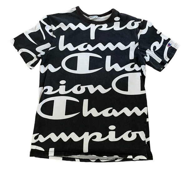 CHAMPION SIGNATURE BOXY CREWNECK TEE SHIRT Size L Black White Vintage Graphic - Picture 2 of 11